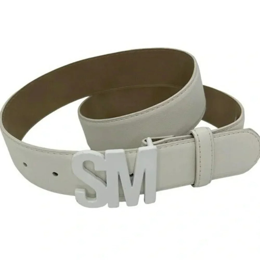 NWT Steve Madden White Logo Keeper Buckle Belt Faux Leather Metal Buckle Size S
